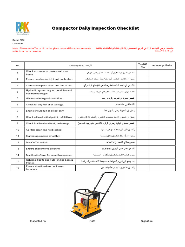 Compactor Daily Inspection Checklist | PDF