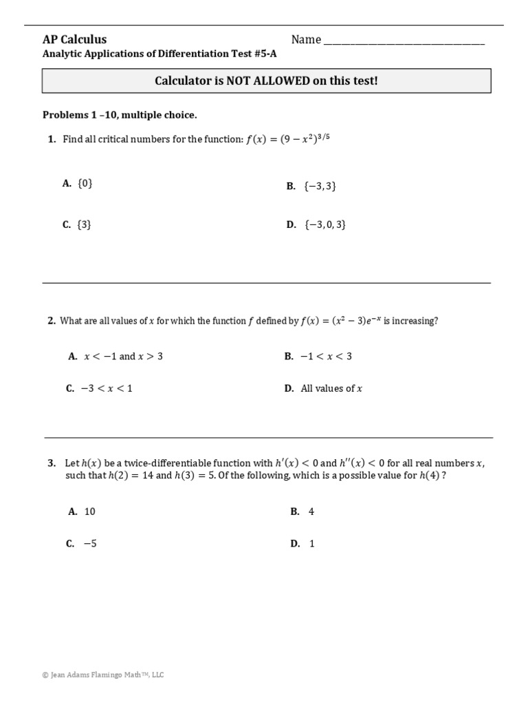 AP Calculus Test #5-A: Differentiation | PDF | Function (Mathematics ...