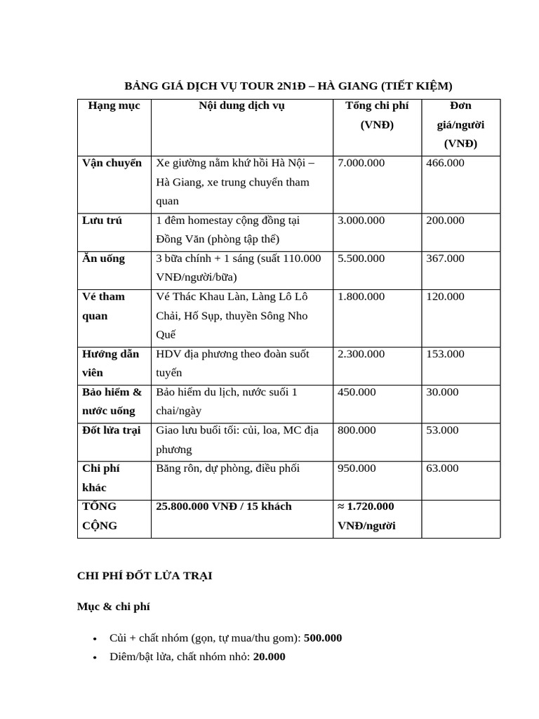 Bảng Giá Dịch Vụ Tour 2n1đ | PDF