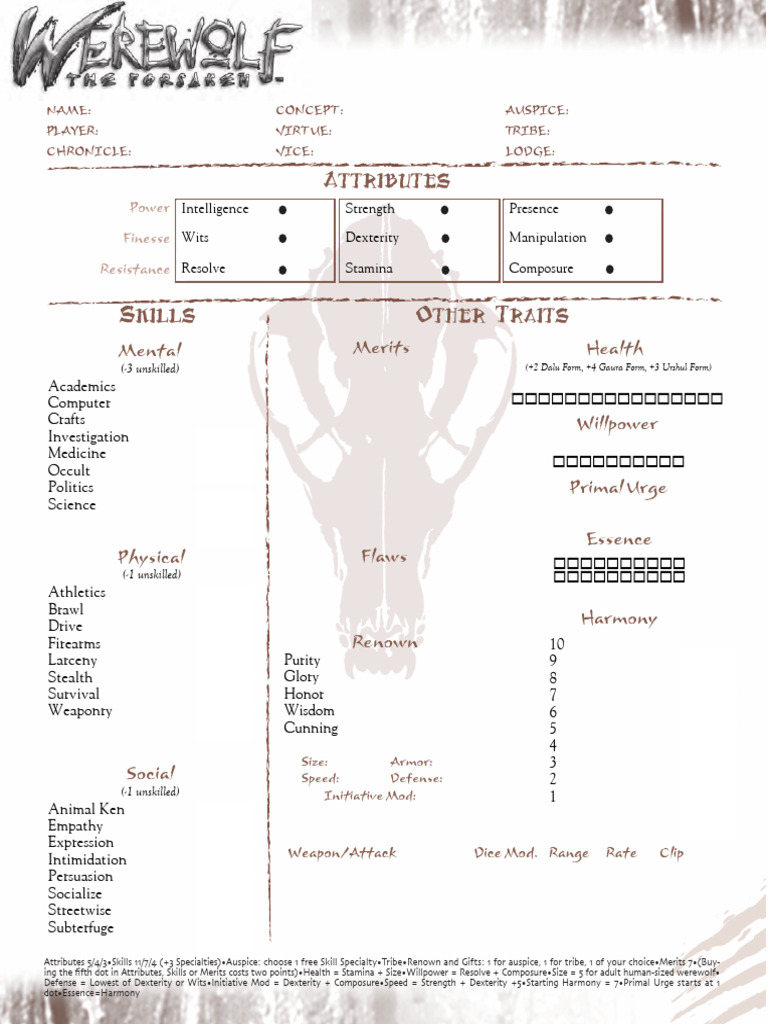 Werewolf Character Sheet Template | PDF | Role Playing Games | Tabletop ...
