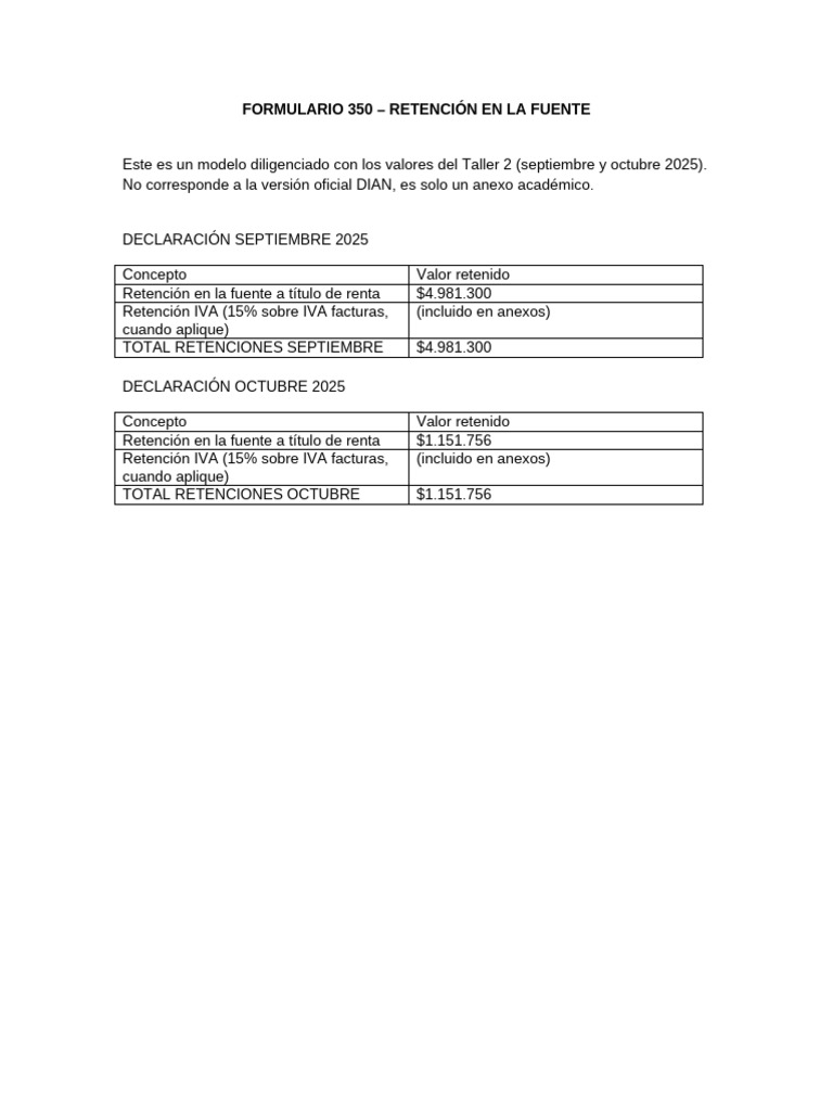 Ejemplo Formulario 350 Retenciones 2025 | PDF