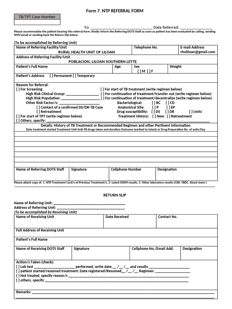 NTP Form 7 Referral Form | PDF | Tuberculosis | Diseases And Disorders