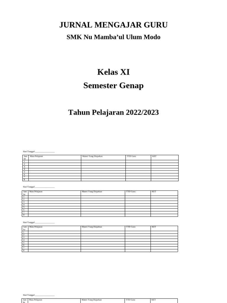 Jurnal Mengajar Guru SMK Nu Mamba’ul Ulum | PDF