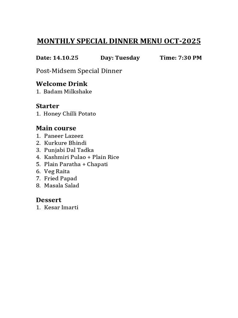 October 2025 Special Dinner Menu | PDF
