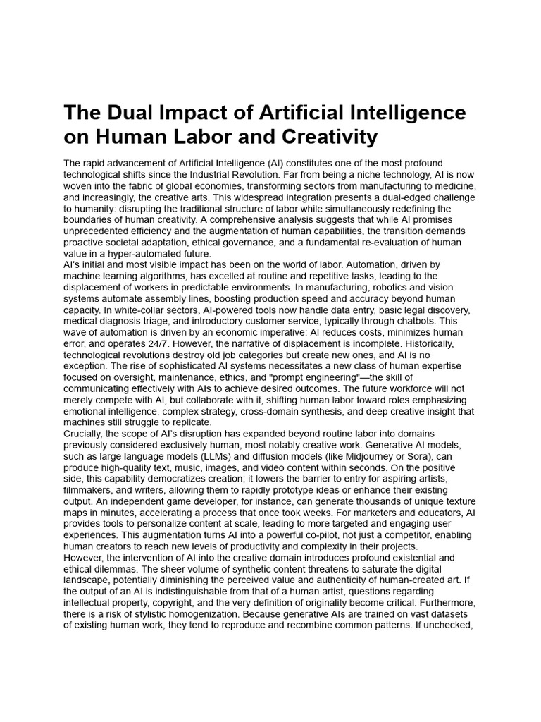 The Dual Impact of AI On Human Labor and Creativit PDF | PDF ...