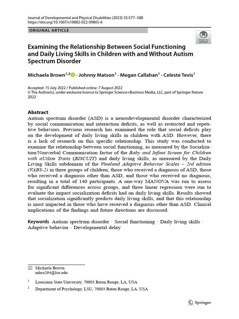 Social Functioning and Daily Living Skills in ASD | PDF | Autism ...