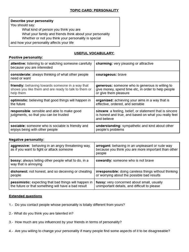Topic Card 1 - Personality | PDF