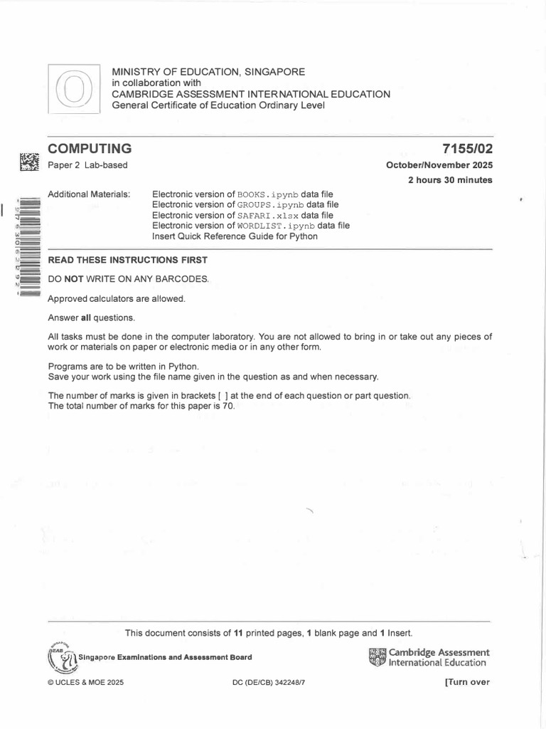 O-Level Computing Lab Exam Paper 2025 | PDF