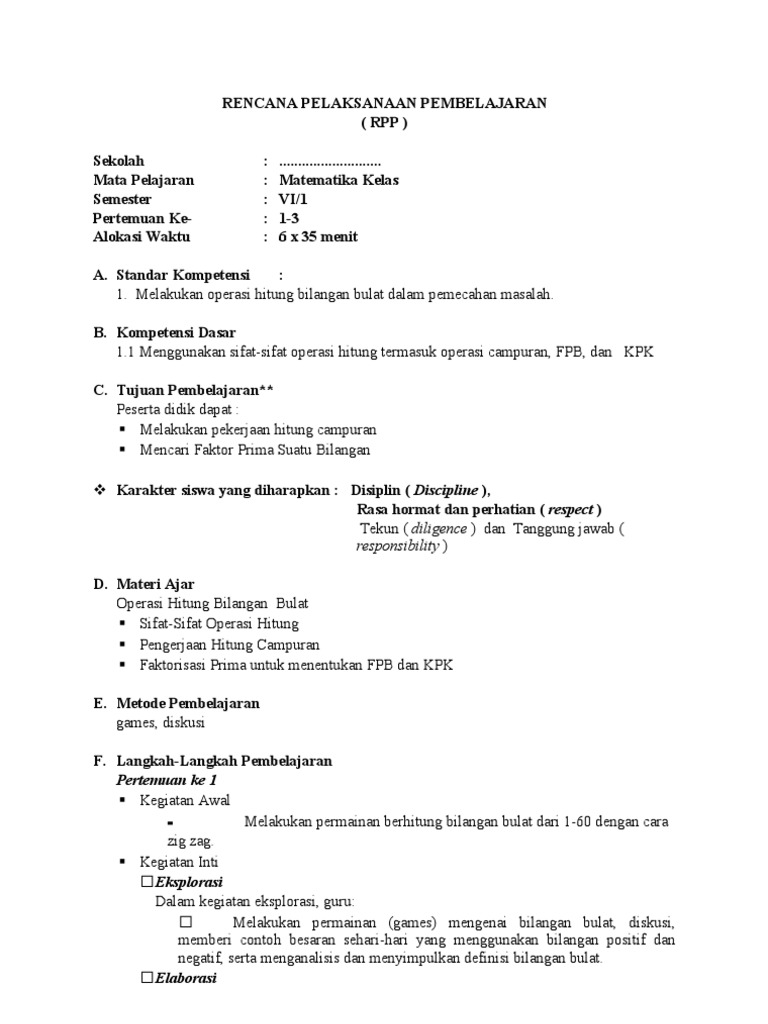 RPP Matematika Berkarakter Kelas VI SD Semester 1