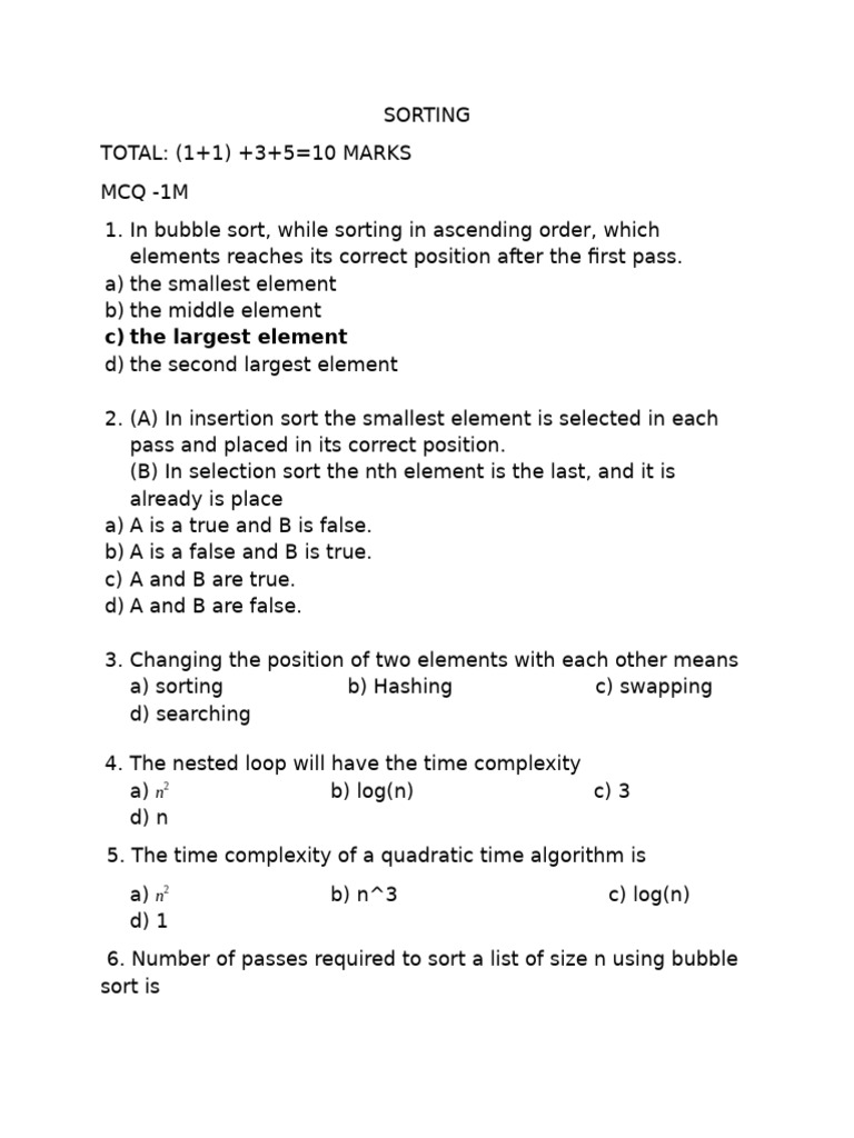 Sorting Algorithms MCQs and Exercises | PDF