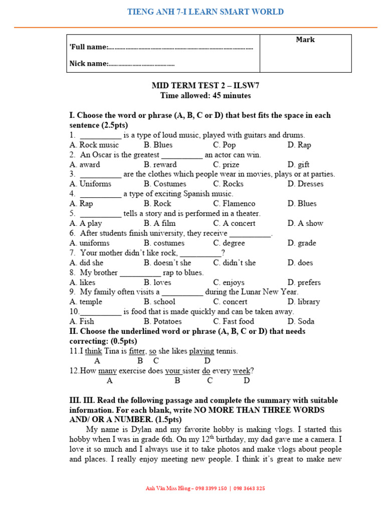 Midterm Test 2 for English 7 Students | PDF