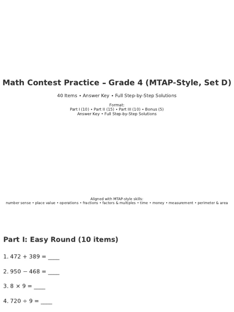Grade 4 Math Contest Practice Set D | PDF | Area | Mathematics
