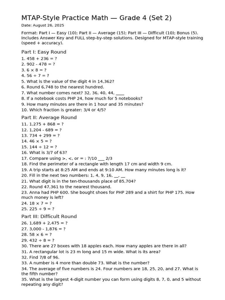 Grade 4 MTAP Math Practice Set 2 | PDF | Multiplication | Mathematics