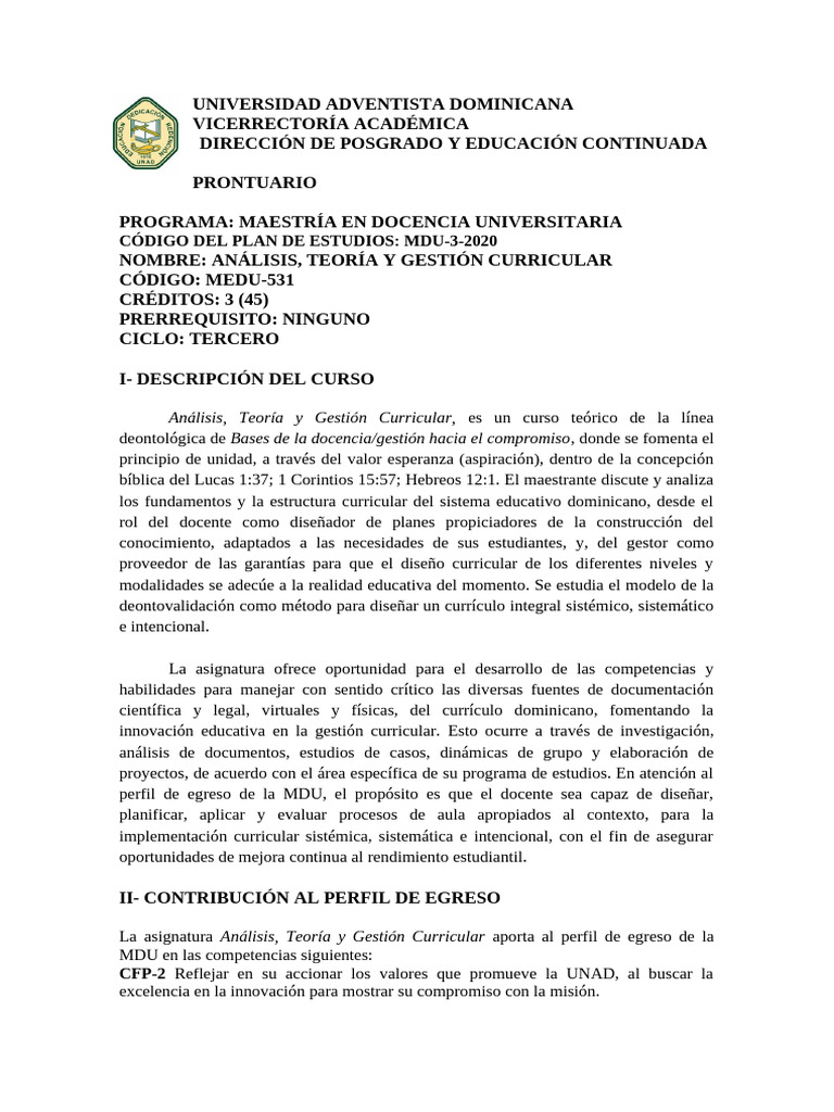 Análisis y Gestión Curricular en MDU | PDF | Plan de estudios | Evaluación