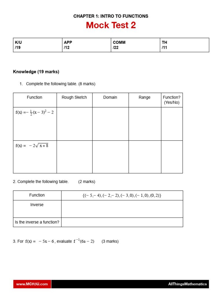 Mock Test on Functions and Graphs | PDF | Function (Mathematics ...
