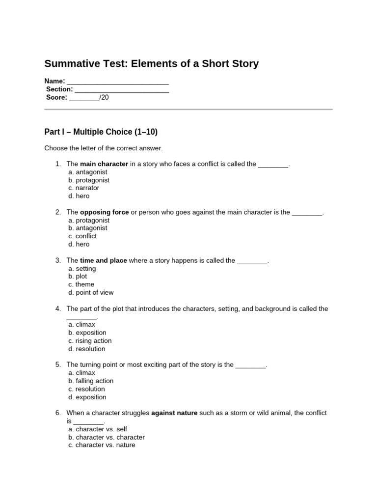 Summative Test - Elements of A Short Story | PDF | Narration