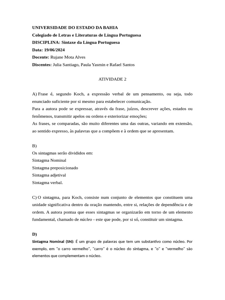 Sintaxe da Língua Portuguesa: Sintagmas e Análise | PDF | Assunto ...