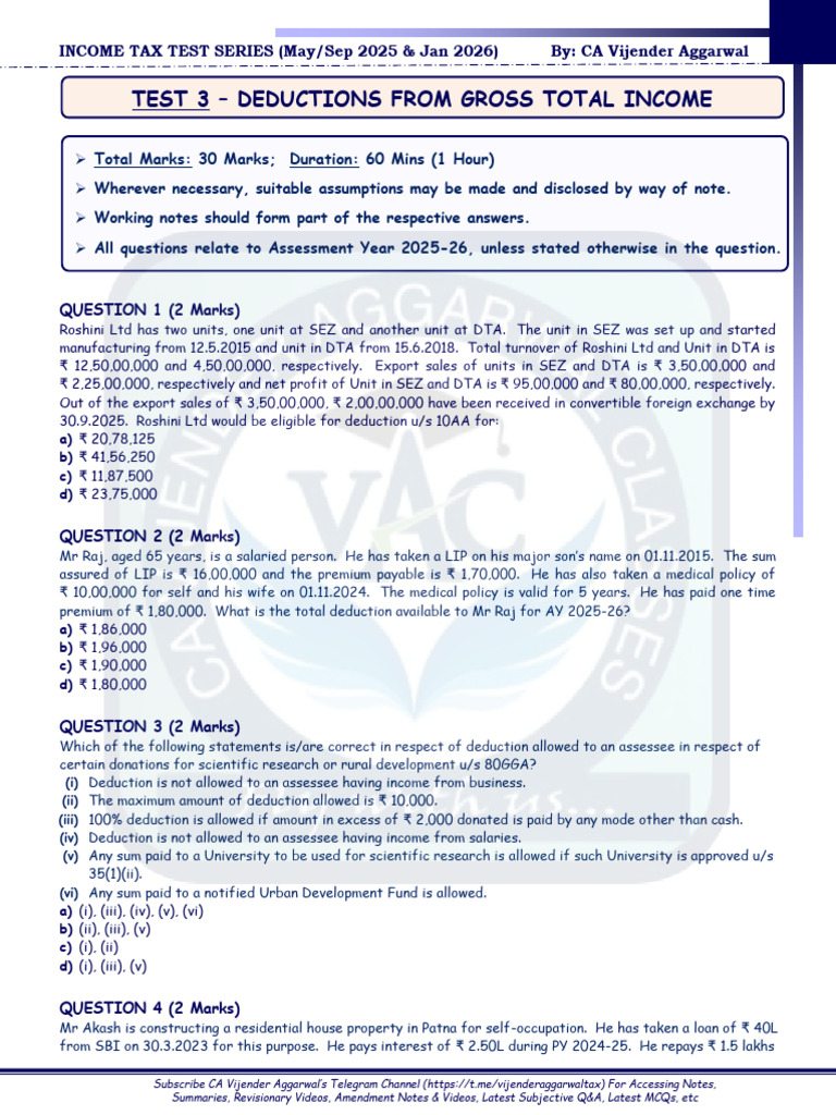 Income Tax Test Series for 2025-26 | PDF | Tax Deduction | Life Insurance