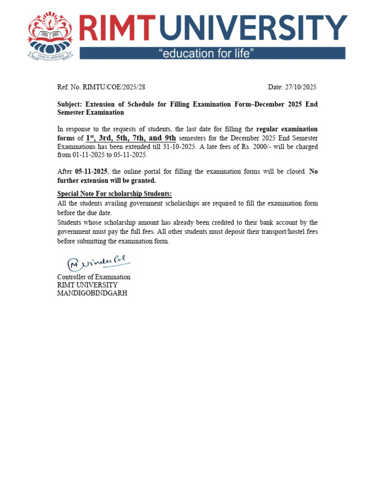Exam Form Deadline Extension Notice | PDF