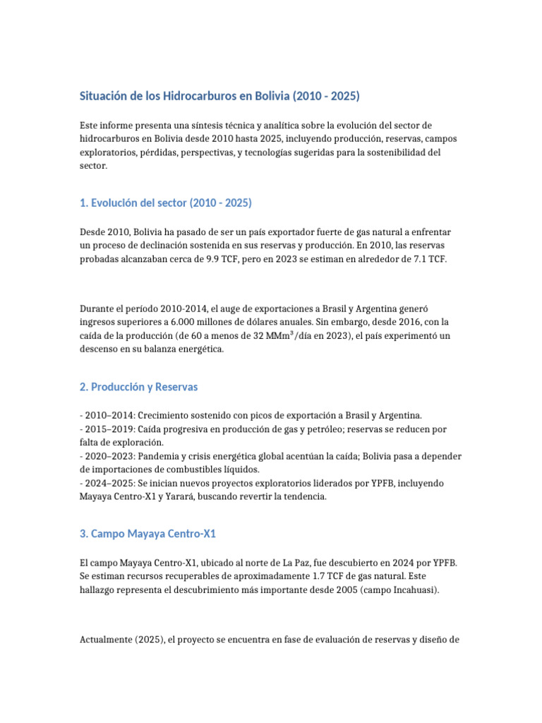 Hidrocarburos en Bolivia 2010 2025 | PDF | Gas natural | Bolivia