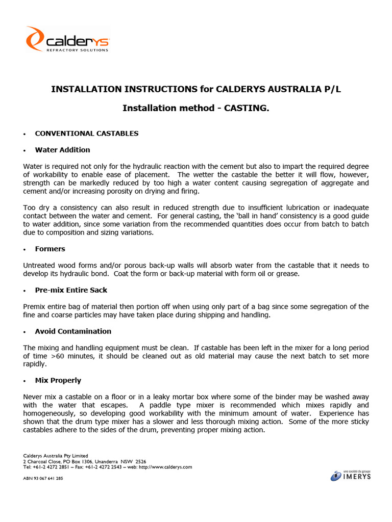 Installation Guide for Calderys Castables | PDF | Refractory | Cement