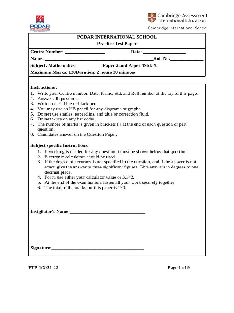 QP Cambridge X Math PTP Paper 2 and Paper 4 | PDF | Area | Rectangle