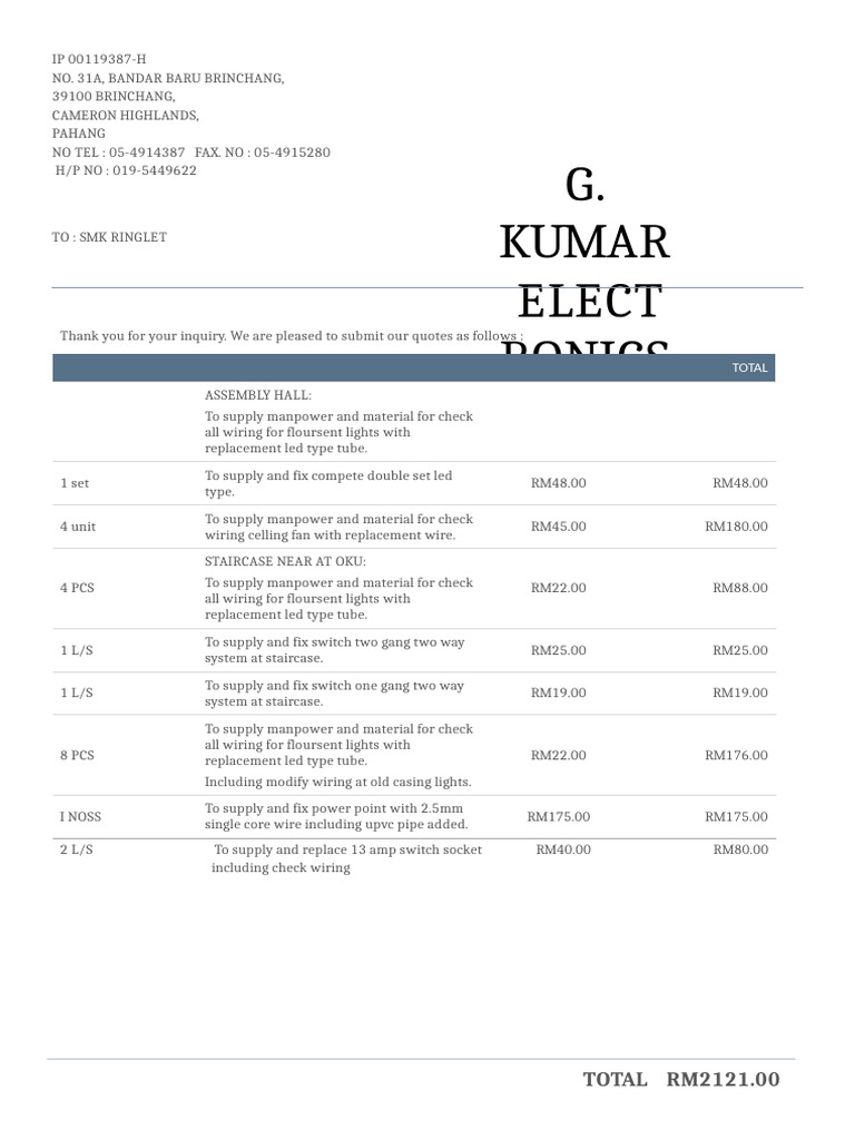Quotation for Electrical Services | PDF