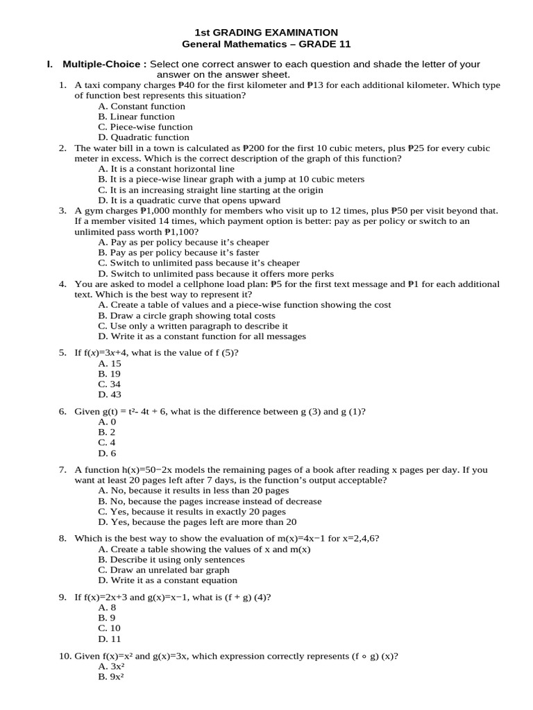 Grade 11 General Math Exam Questions | PDF | Function (Mathematics ...