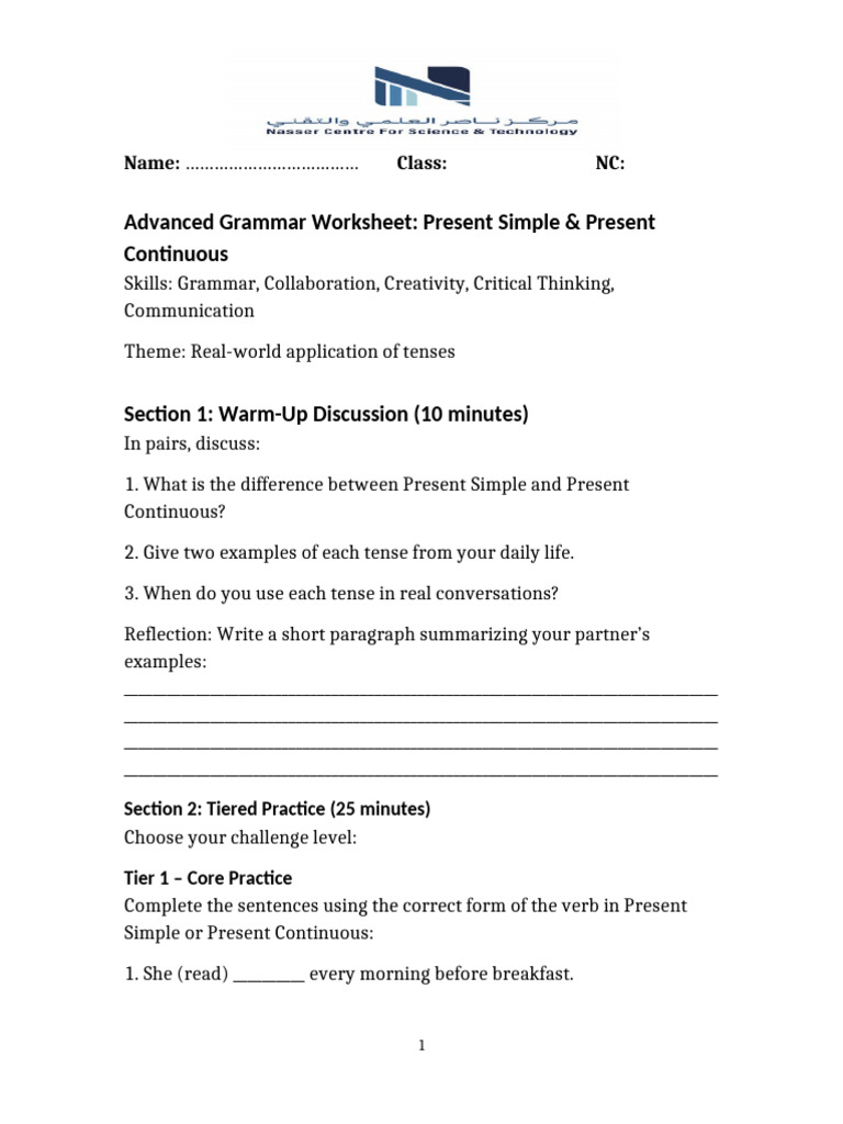 Advanced Grammar: Present Tenses Worksheet | PDF | Human Communication ...