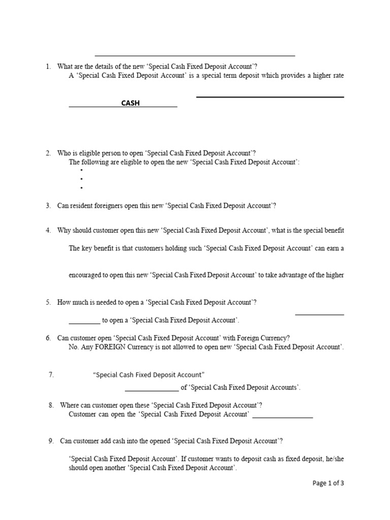 Special Cash Fixed Deposit FAQs | PDF | Banks | Deposit Account