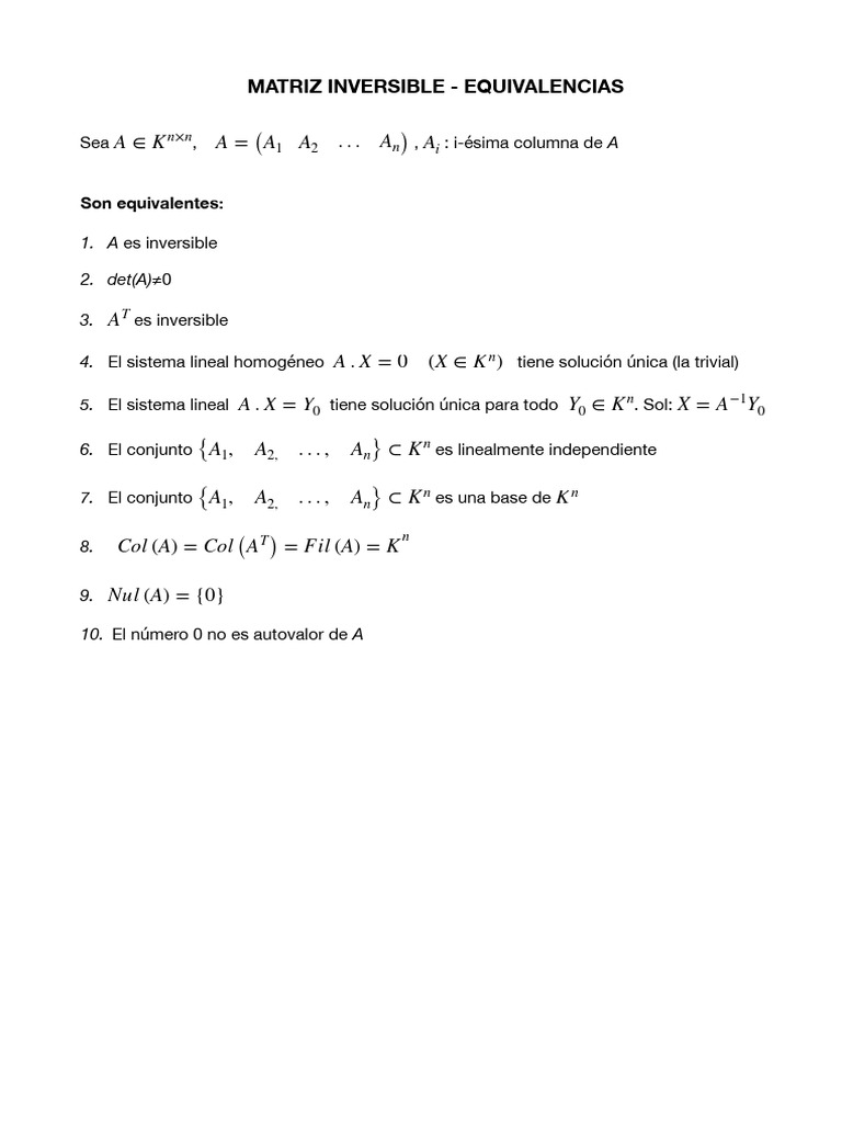 Equivalencias de Matrices Inversibles | PDF