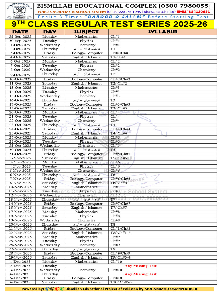 9th Class Test Series 2025-26 Schedule | PDF | Mitosis | Meiosis