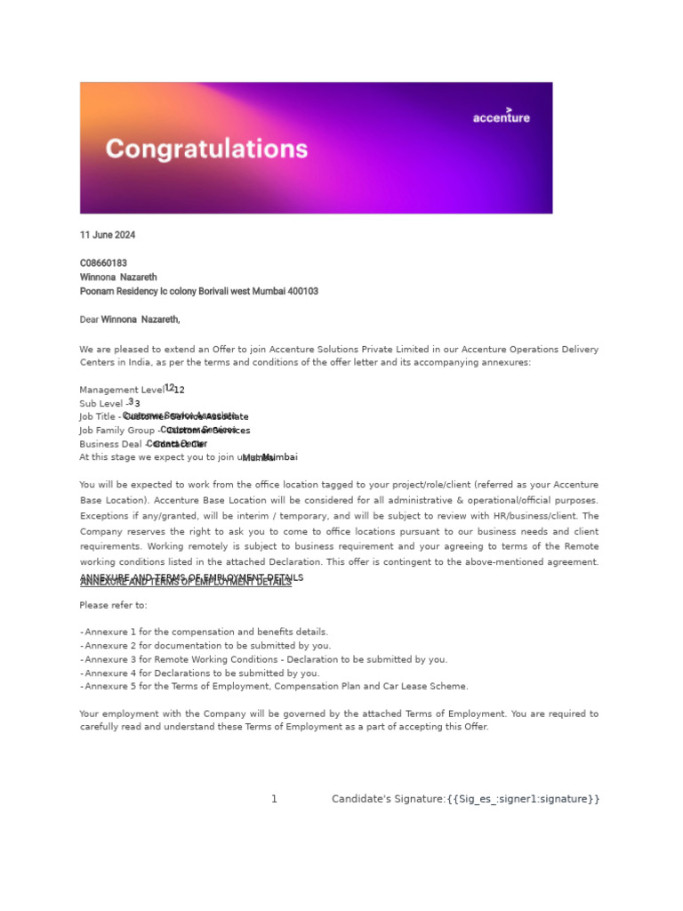 Accenture Job Offer: Customer Service Associate | PDF | Insurance | Payroll