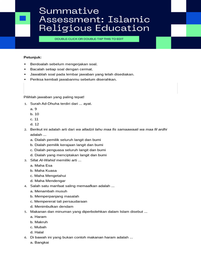 Summative Assessment Islamic Religious Education (1) | PDF