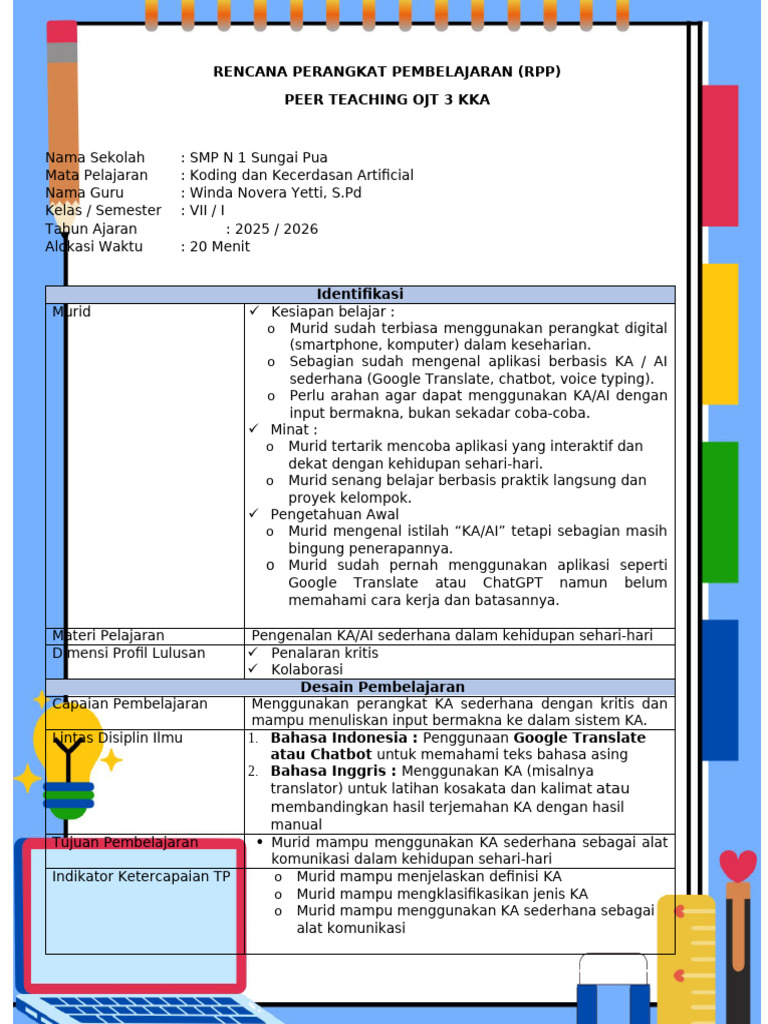 RPP Peer Teaching Koding dan AI | PDF