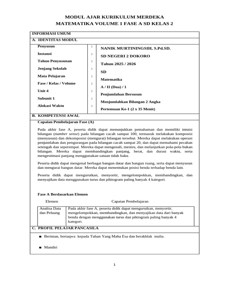 Modul Ajar Matematika SD Kelas 2 Fase A | PDF