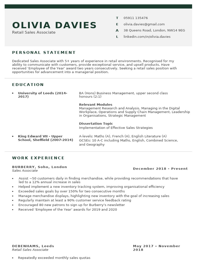 Retail Sales Associate CV Example | PDF | Point Of Sale | Retail