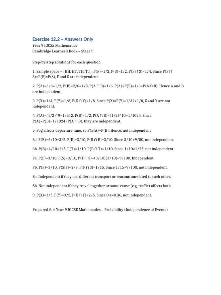 IGCSE Probability Exercise12.2 Answers Only 2 | PDF
