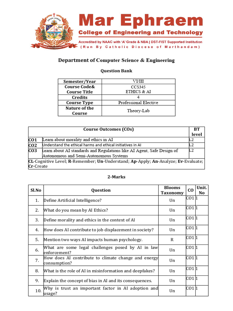 Ethics and AI Question Bank for CCS345 | PDF | Artificial Intelligence ...