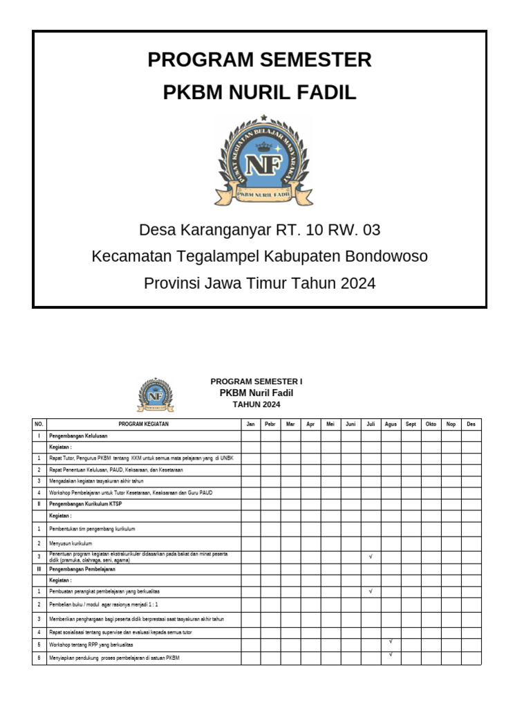 Program Semester PKBM Nuril Fadil 2024 | PDF