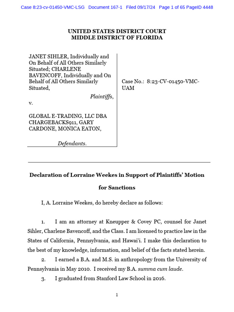 Declaration for Sanctions in Sihler Case | PDF | Deposition (Law) | Justice