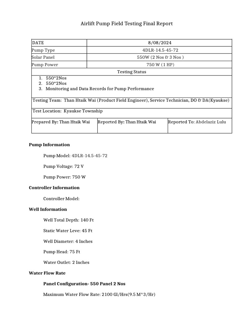 Performance Test Report For 4dlr-14.5!45!72 (1hp Pump Testing) | PDF