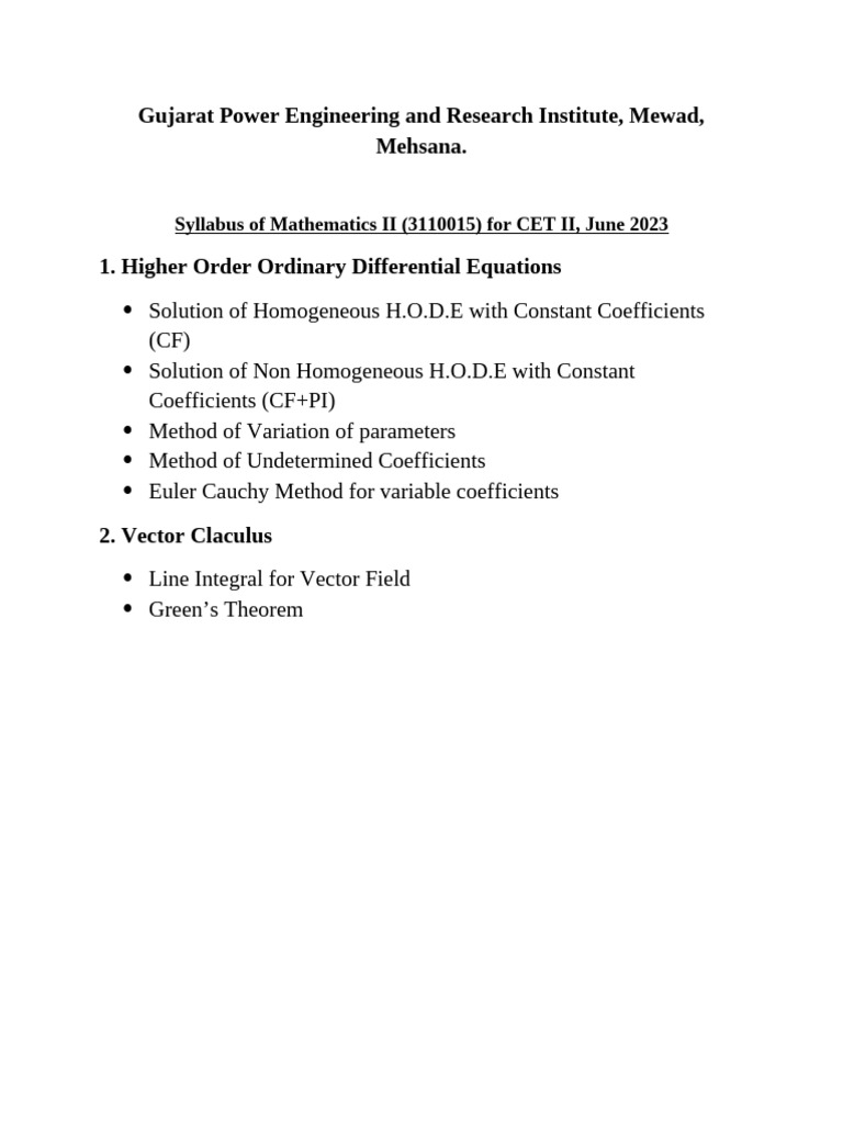 Syllabus Mathematics II MSE Paper II | PDF
