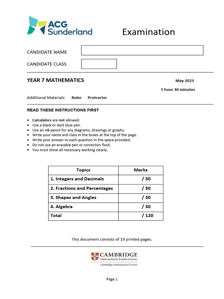 Year 7 Mathematics Exam May 2023 | PDF | Circle | Rectangle