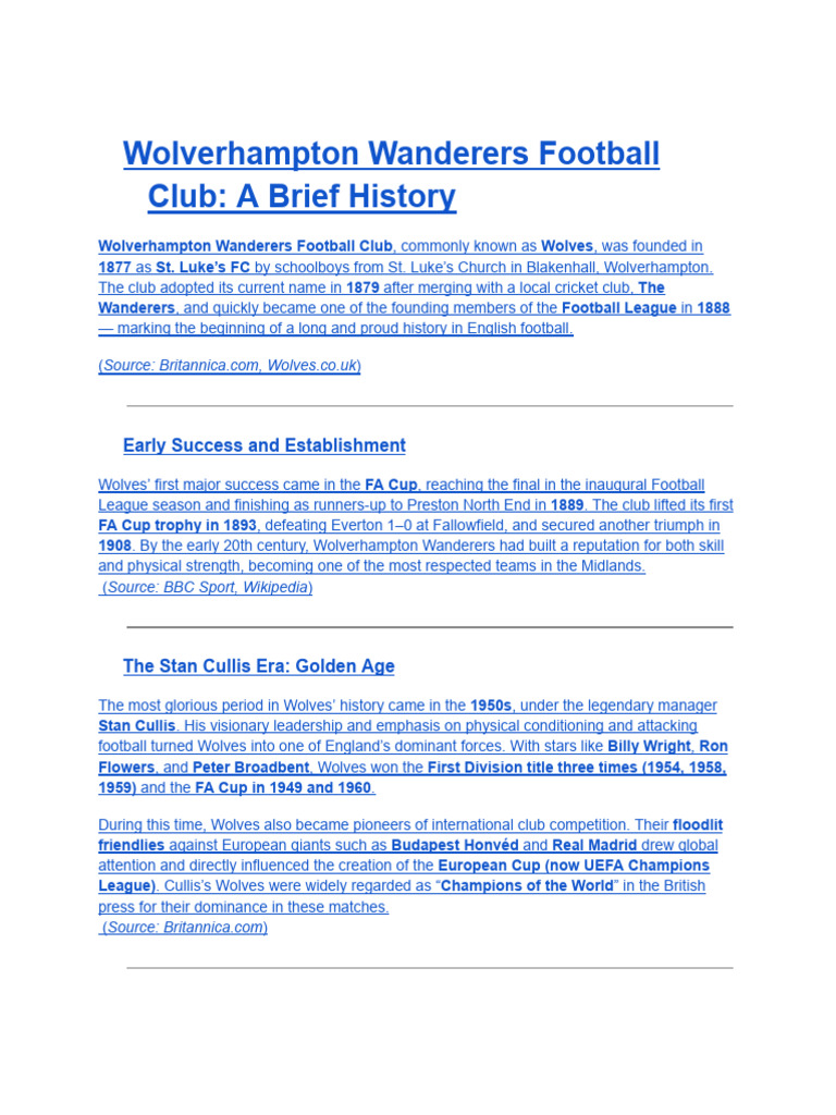 History of Wolverhampton Wanderers F.C. | PDF | Association Football ...