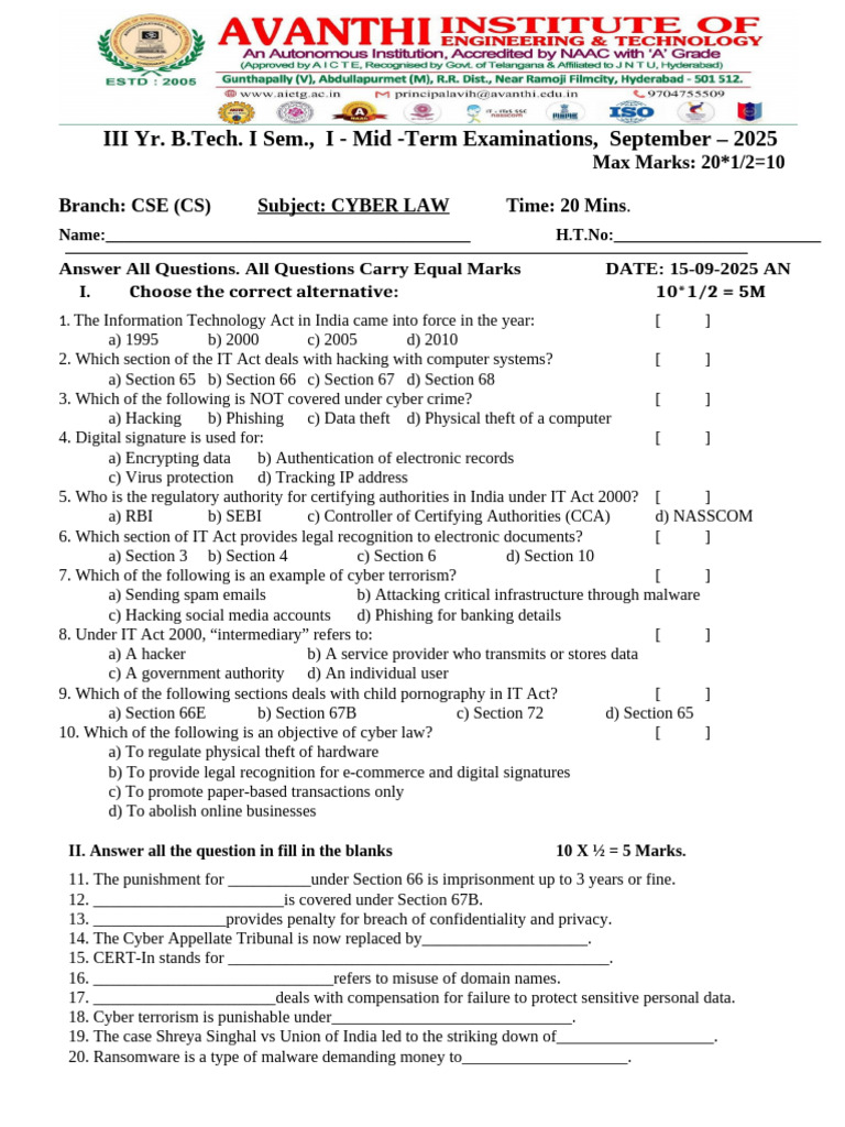 Cyber Law Mid-Term Exam Questions | PDF | Security | Computer Security