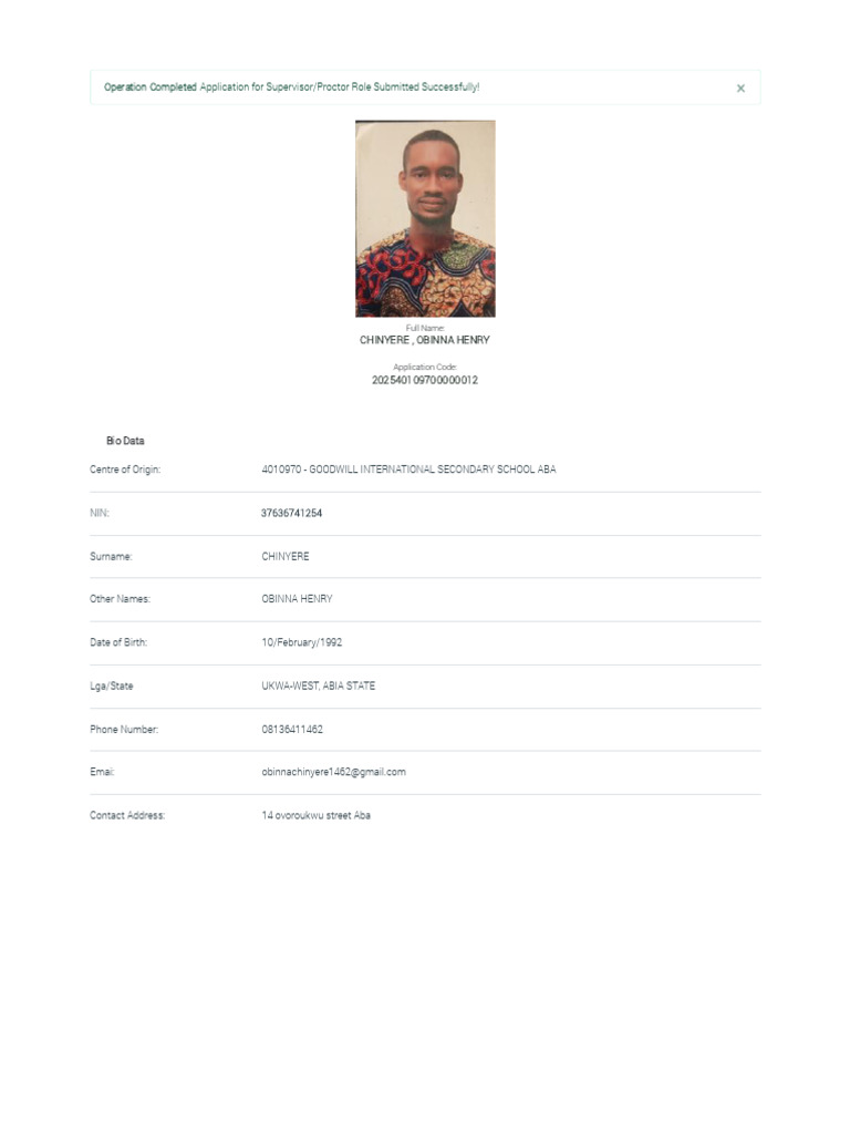 WAEC Proctor Application Confirmation | PDF