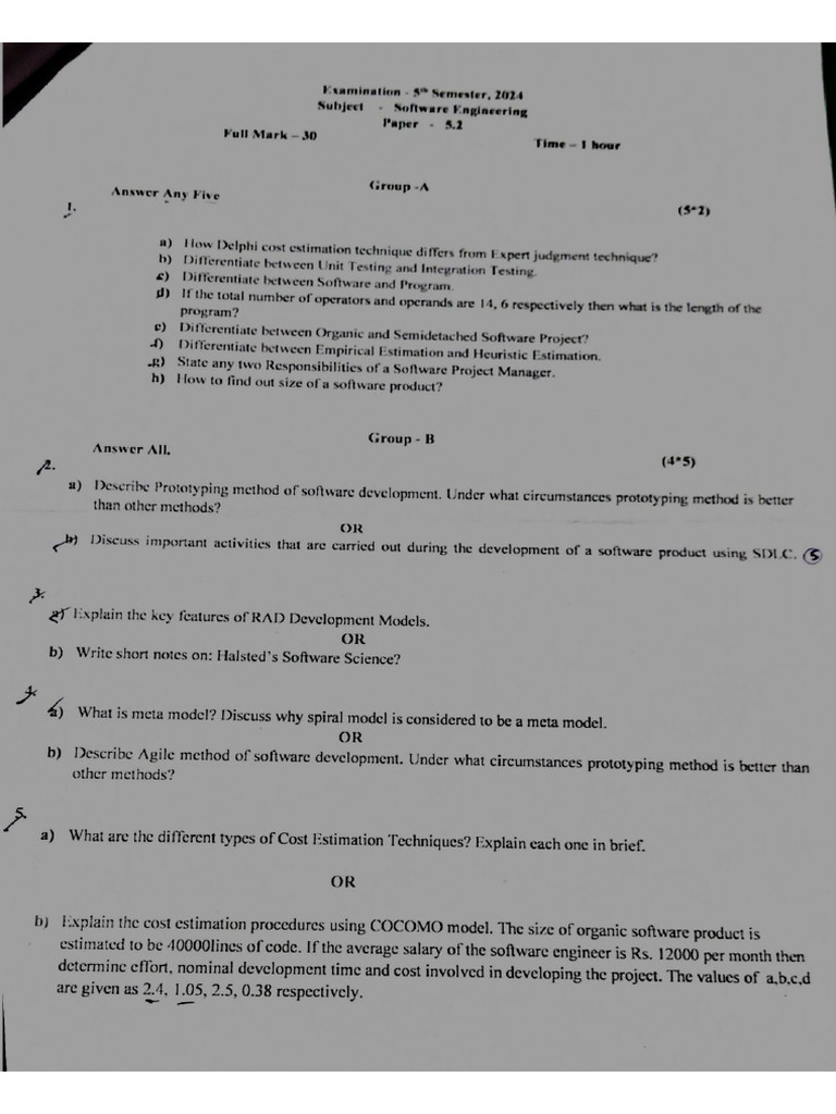 Software Engineering Previous Year Mid Sem Questions | PDF