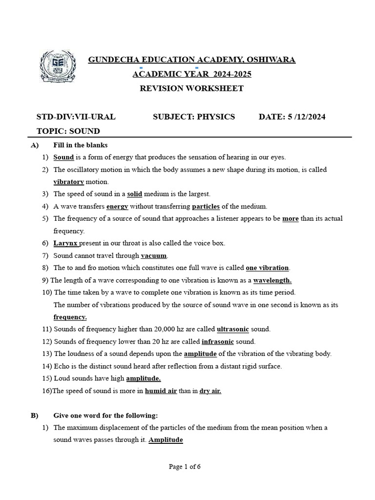 Sound Revision Worksheet for Grade VII | PDF | Sound | Waves