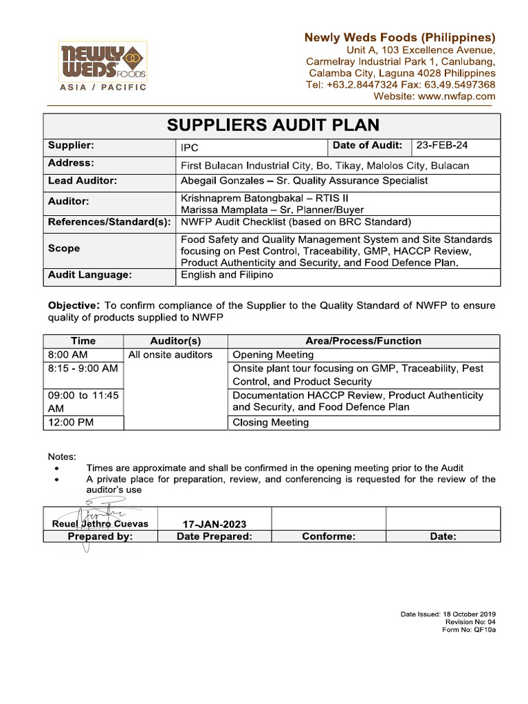 Newly Weds Audit Plan - Ipc (23 Feb 2024) | PDF